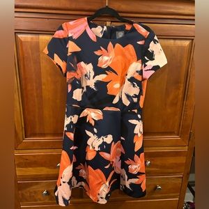 Vince Camuto Dark Blue, Black/Coral/Pink A-line Floral Short Sleeve Dress